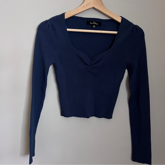 Love Tree Deep Blue Ribbed Long Sleeve Knit Top Size M EUC - Picture 2 of 7